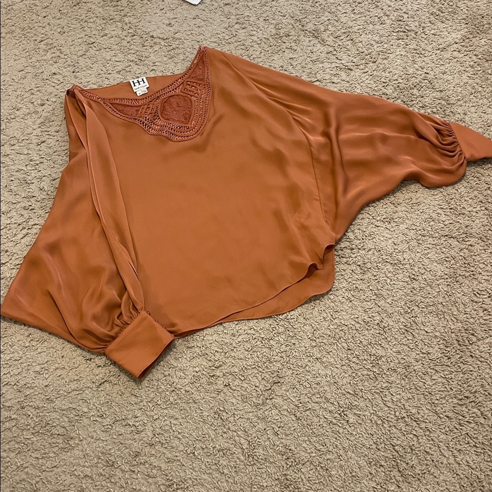 Haute Hippie Bronze Silk Chiffon Top Dolmam Sleeves Deep Embellished V-Neck M EC - Picture 12 of 15